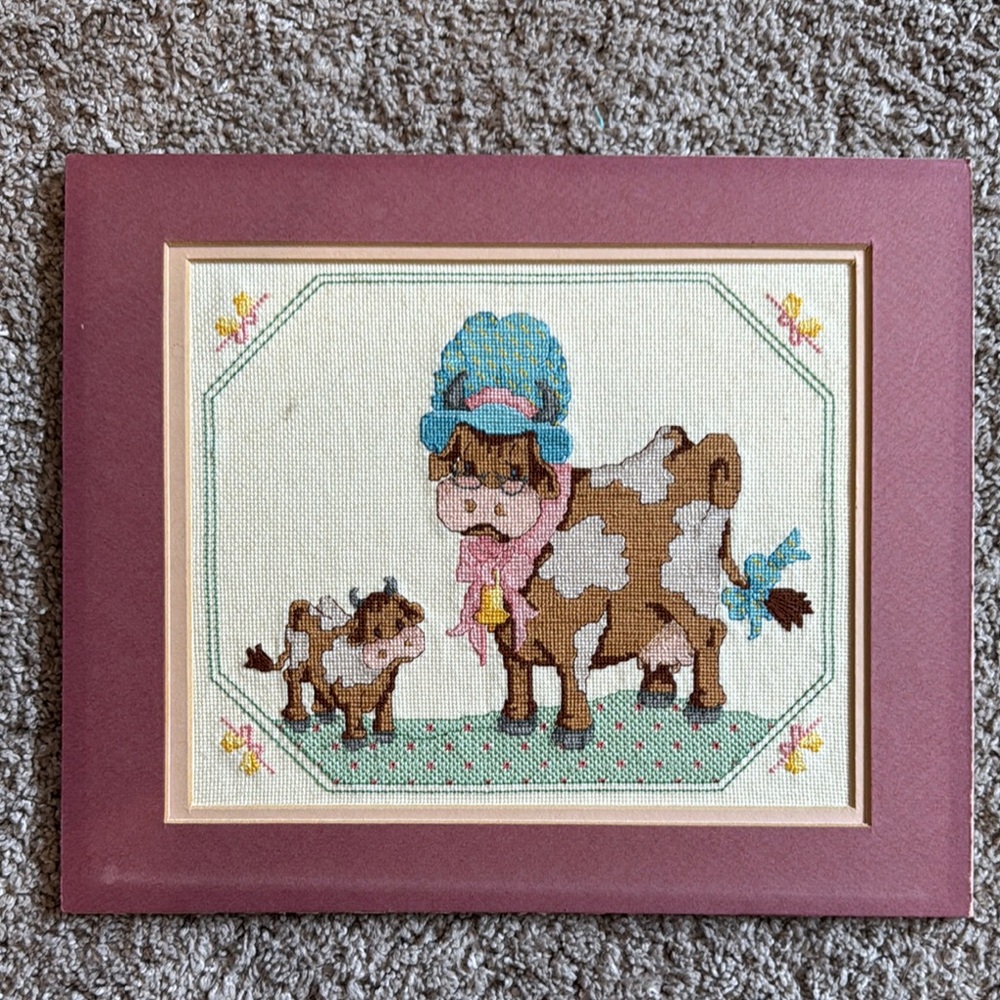 Framed Cross-Stitch Art with Cows